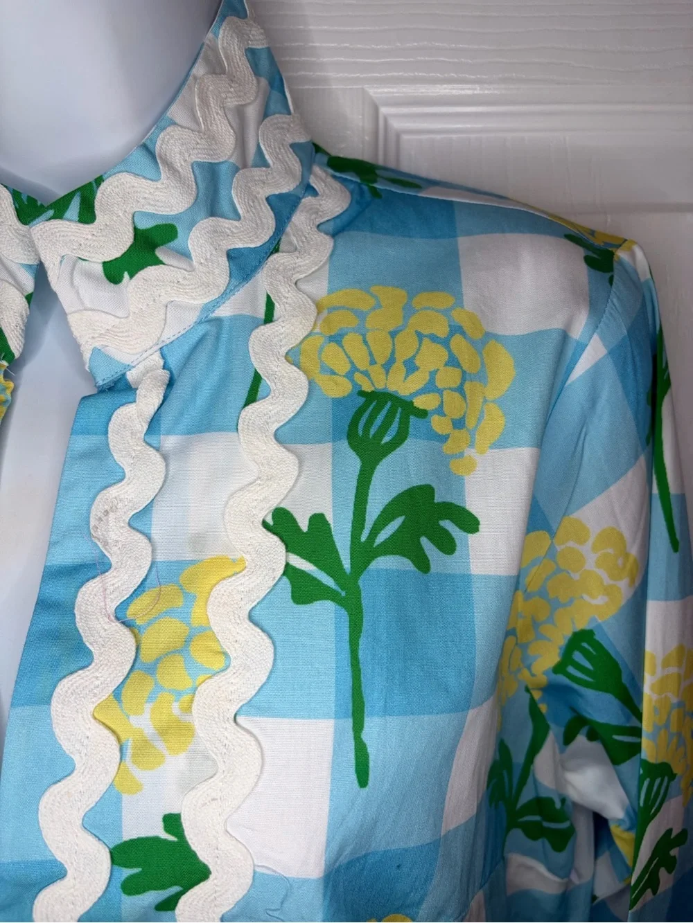 SAIL TO SABLE Long Sleeve Cotton Blue Gingham Floral Print Midi Dress M NWT - Picture 5 of 11